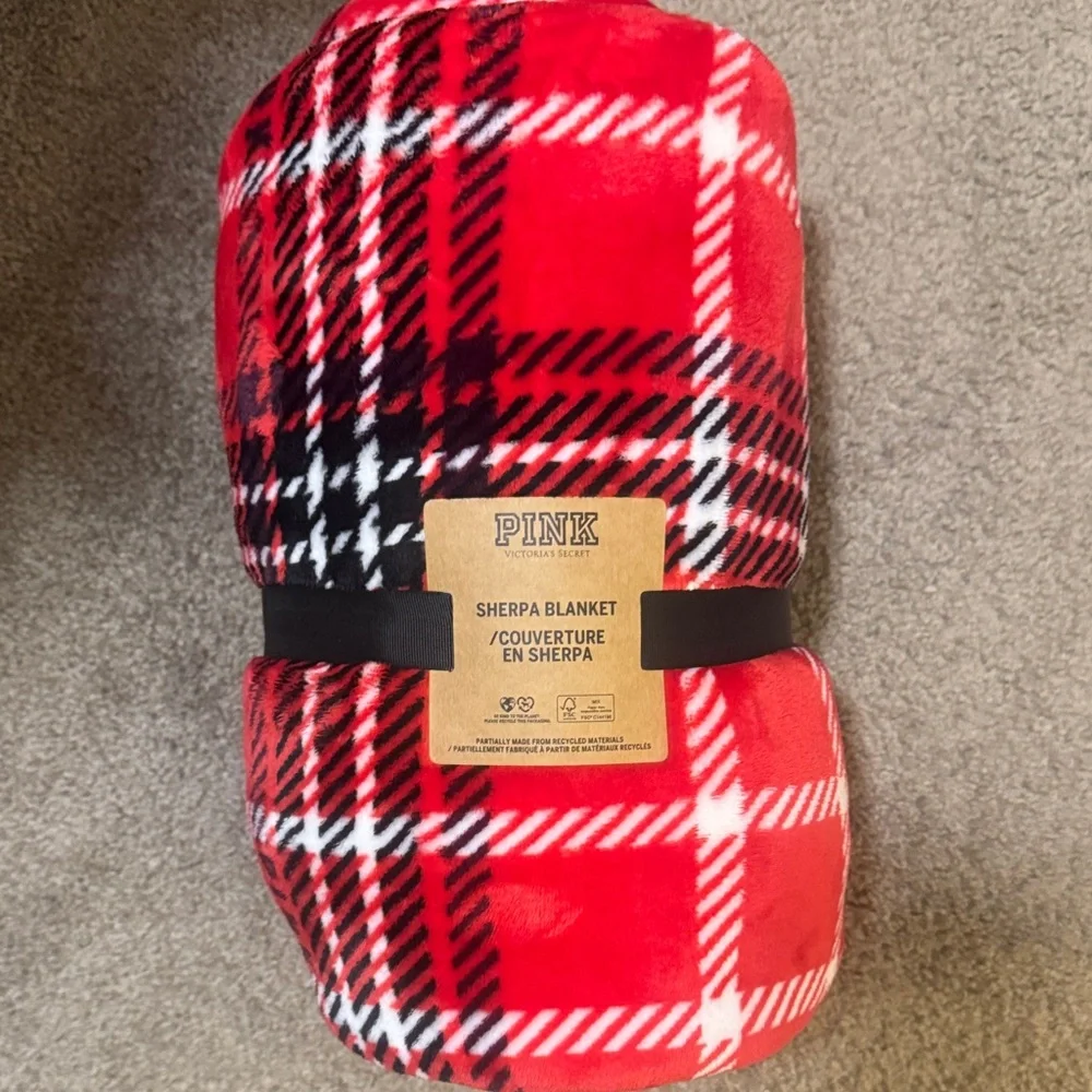 PINK Victoria's Secret Festive Red Plaid Sherpa Throw